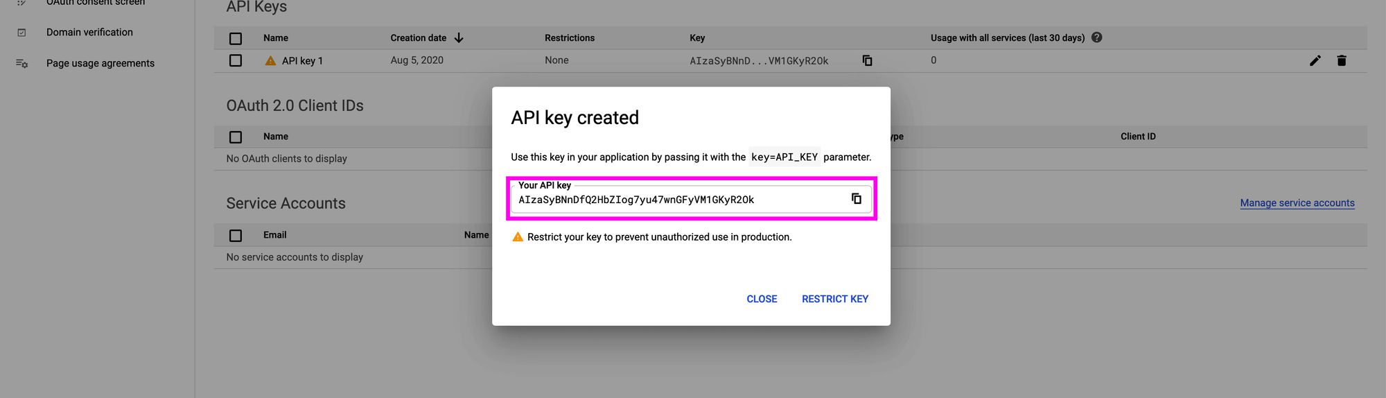 Копирование вашего нового ключа API