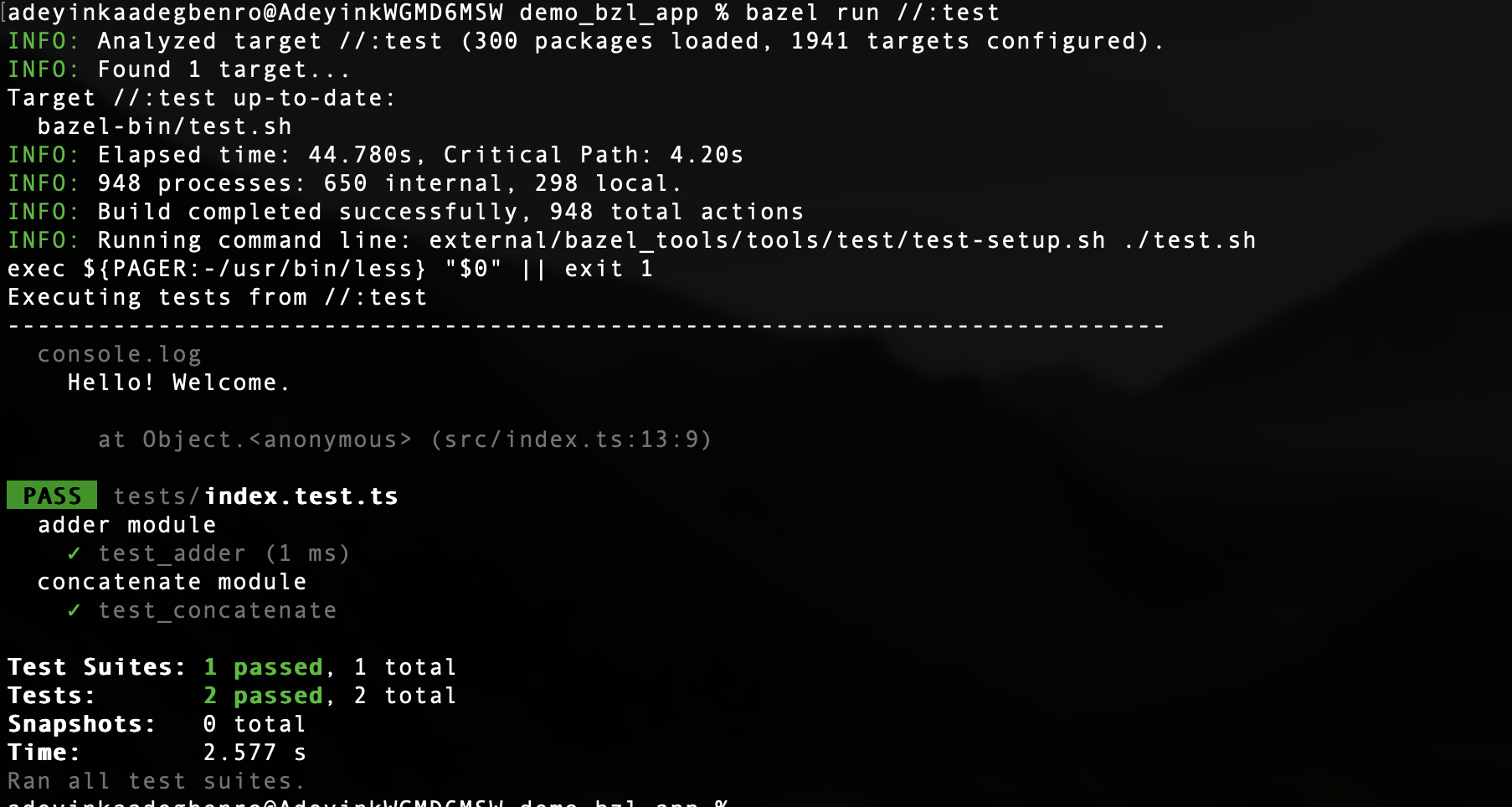 Скриншот&nbsp;$ bazel run //:test вывода терминала