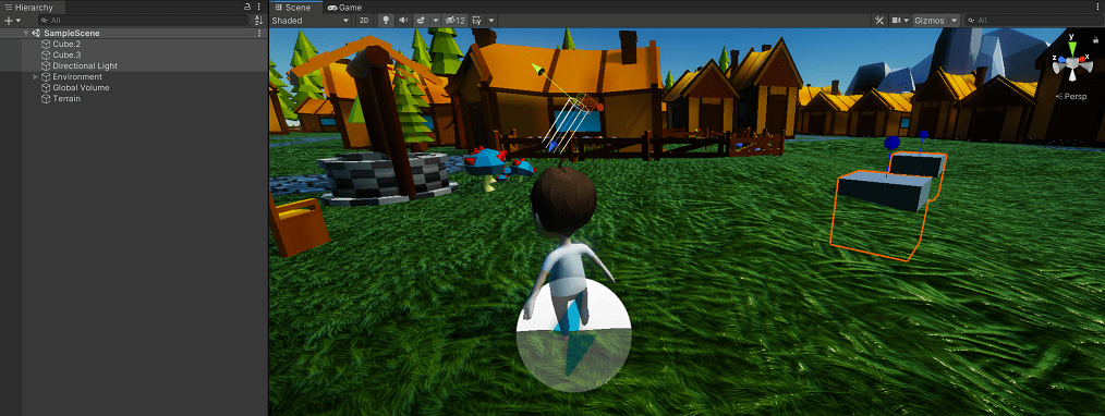 Редактор Unity Scene, показывающий пример сцены с несколькими выбранными объектами. Вы можете использовать вид сцены для редактирования уровней в вашей игре.