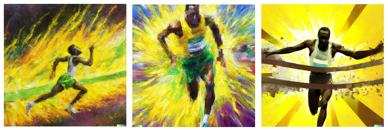 Монтаж ямайского бегуна от DALL-E2 (подсказка: драматическая картина маслом ямайского олимпийского бегуна в желтой рубашке и зеленых шортах, прорывающегося через финишную ленту, изображенного как взрыв туманности)