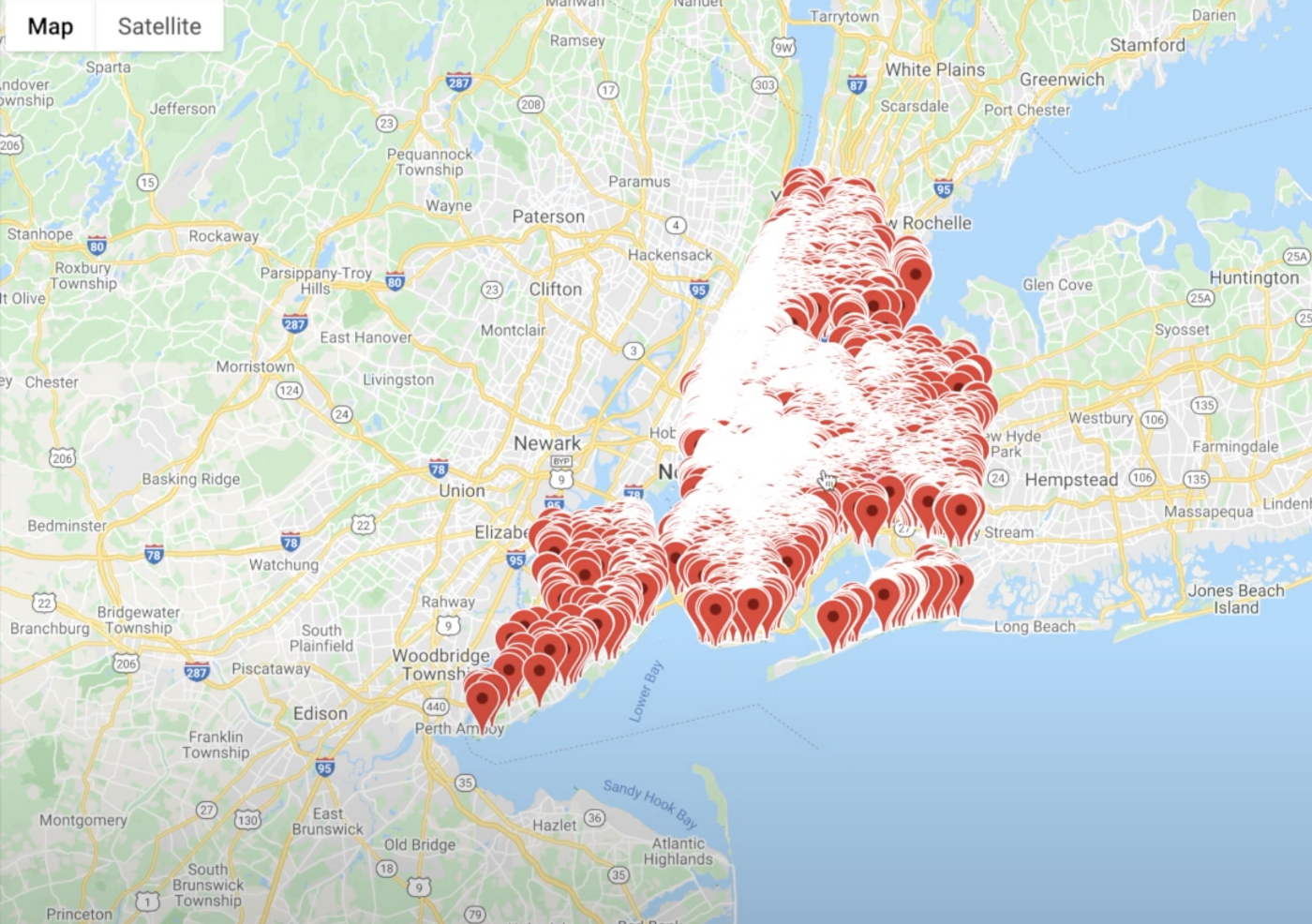 Расположение Airbnb в Нью-Йорке (изображение автора с помощью Google Maps)
