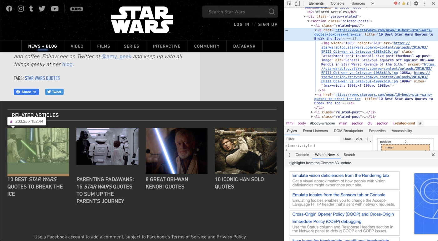 Снимок экрана сайта цитат Звездных войн<br>