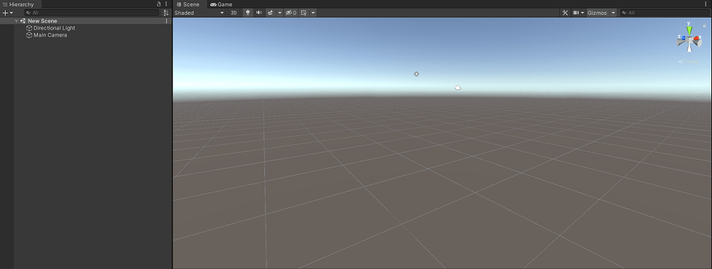 Редактор Unity Scene открывает пустую сцену по умолчанию в 3D-режиме. Пустые сцены в Unity3D по умолчанию будут включать объекты основной камеры и направленного света.