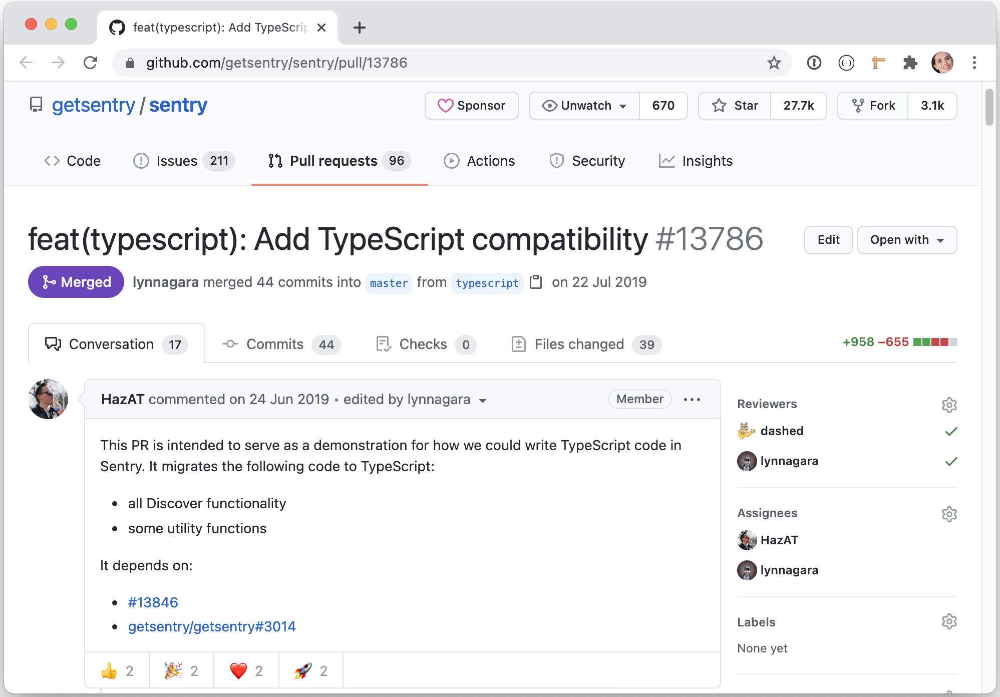 Первый запрос на включение TypeScript отSentry: https://github.com/getsentry/sentry/pull/13786
