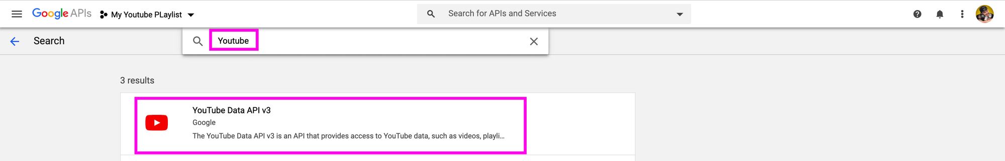 Поиск API YouTube в библиотеке API Google